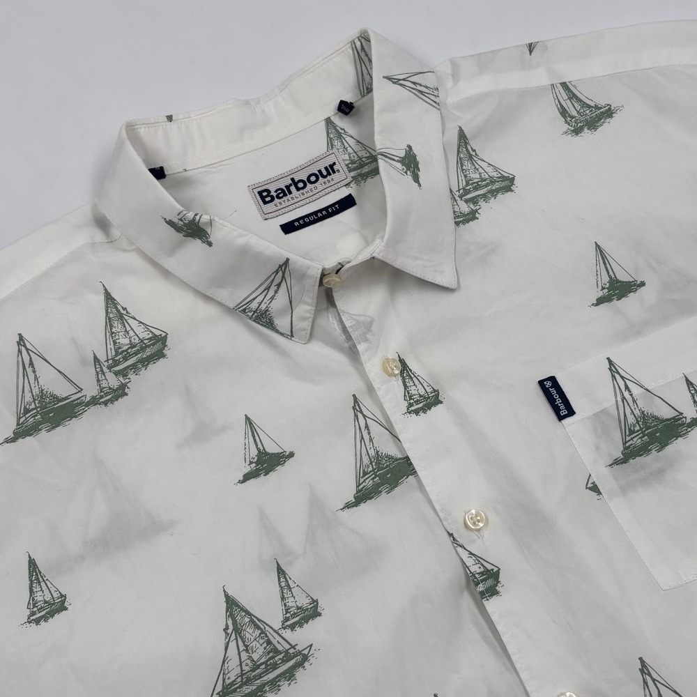Barbour Men's XXL Regular Fit Sailboat White Short Sleeve Button Down Shirt